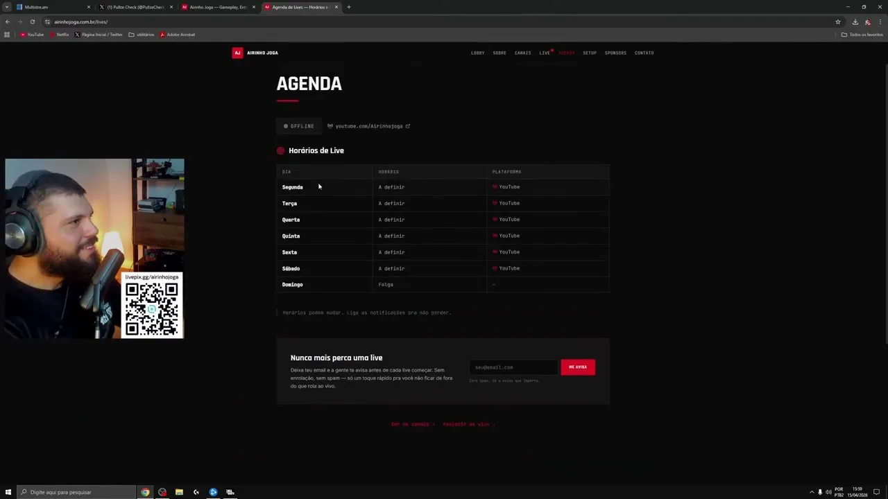 Transmissão do Airinho com a página de agenda do site aberta no navegador